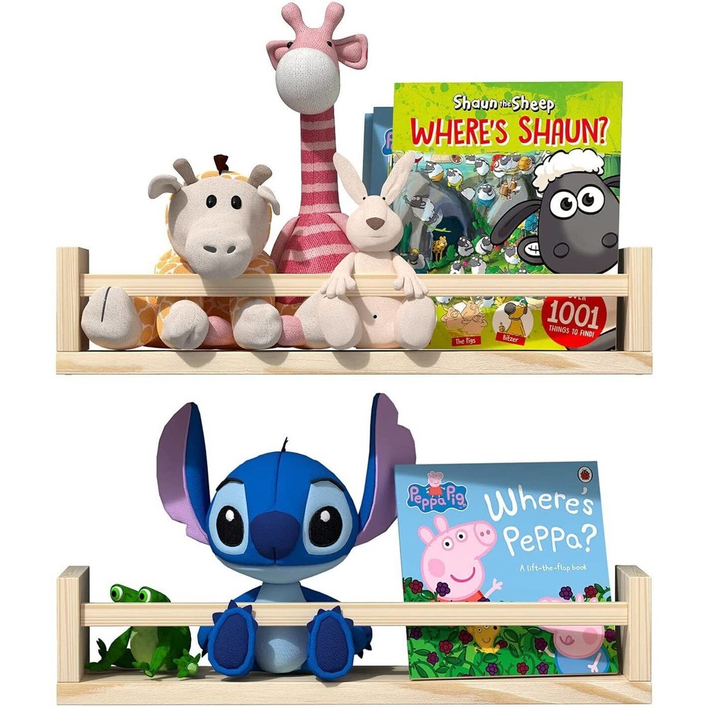 Nursery Shelves Set of 2 Natural Wood Floating Book Shelves for Kids Room 16.5x4
